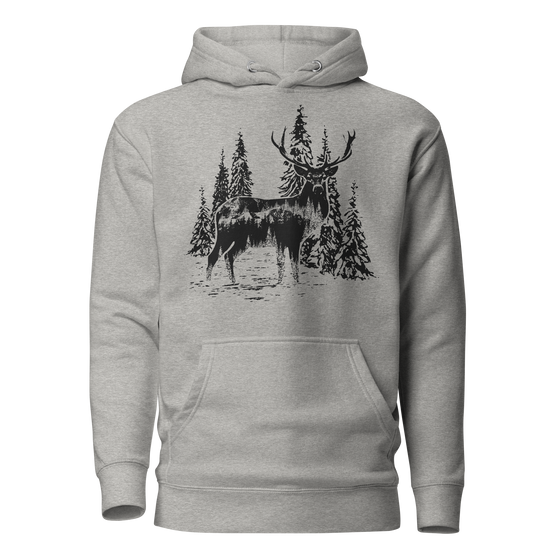 Grey unisex hoodie from river to ridge brand with a red stag deer or elk on it with antlers and its in the forsest in black