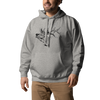 Man wearing 2XL Athletic Grey Hoodie with a Bugling Elk on it with large antlers and carhardt pants