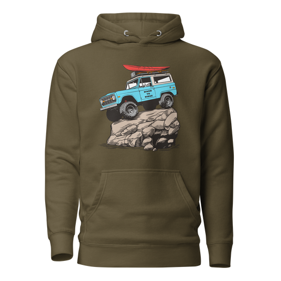 Womans hoodie in olive from the Brand River to Ridge. Features a drawing of a bronco truck, vintage blue on a rock with big tires and a red kayak on the top