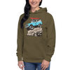 Woman wearing a vintage classic bronco hoodie with a drawing of the truck with a red kayak on top and its up on a big rock, from the brand River to Ridge