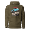 Mens Offroad Classic Hoodie in olive green from River to Ridge Brand. Hoodie has a Bronco in blue doing a rock crawl with a red kayak on top and big tires.