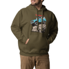 Man with a beard wearing a River to Ridge Brand olive hoodie called the Offroad Classic. Features a drawing of a vintage bronco truck in blue with a red kayak on top