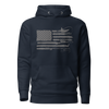Mens Sportsmans Flag Hoodie from River to Ridge Clothing Brand, Logo is an American USA flag in grey with the stripes changed out for a man kayak fishing for bass, antlers from an elk, fly fishing pole, goose hunting