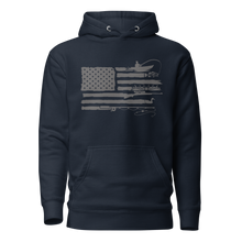  Mens Sportsmans Flag Hoodie from River to Ridge Clothing Brand, Logo is an American USA flag in grey with the stripes changed out for a man kayak fishing for bass, antlers from an elk, fly fishing pole, goose hunting