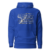 Womens royal blue hoodie with a whitetail deer skull with a big rack / antlers over the american flag printed in black and white