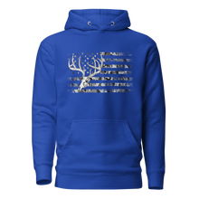  Womens royal blue hoodie with a whitetail deer skull with a big rack / antlers over the american flag printed in black and white