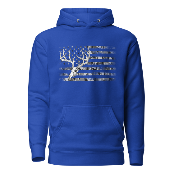 Womens royal blue hoodie with a whitetail deer skull with a big rack / antlers over the american flag printed in black and white