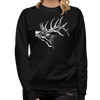 Woman with blonde hair wearing a black sweatshirt with an elk in white bugling with big antlers and jeans