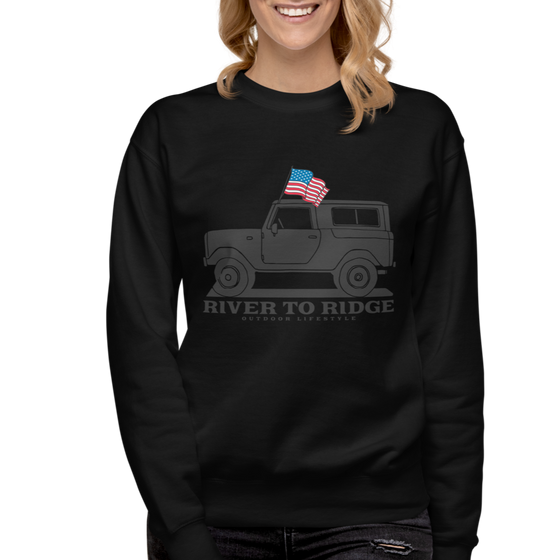 Womens Sweatshirt Pullover with a vintage bronco on it in grey with an american USA flag in color from the Brand River to Ridge Clothing