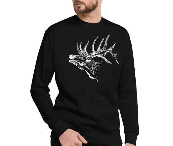man with red hair and beard wearing a black pullover with an elk bugleing on it in white