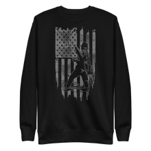  Men's Fishing USA logo on a black sweatshirt from the Brand River to Ridge Clothing, featuring a man fly fishing in a river with the USA American flag in the background