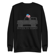  Men's pullover sweatshirt from River to Ridge Clothing Brand with a vintage bronco on it in grey and a USA American Flag out the window