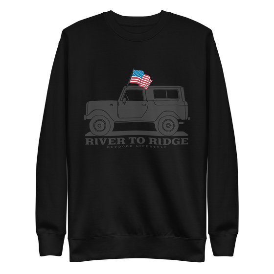 Men's pullover sweatshirt from River to Ridge Clothing Brand with a vintage bronco on it in grey and a USA American Flag out the window