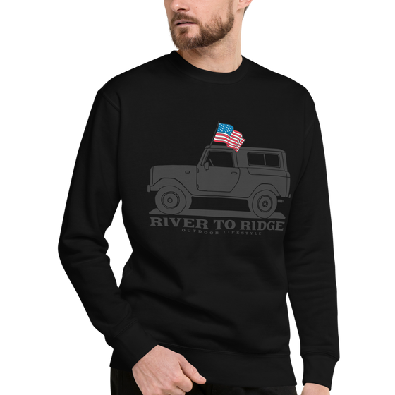 Men's pullover sweatshirt from River to Ridge Clothing Brand with a vintage bronco on it in grey and a USA American Flag out the window