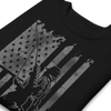 Men's Fishing USA logo on a black sweatshirt from the Brand River to Ridge Clothing, featuring a man fly fishing in a river with the USA American flag in the background