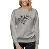 Woman in pullover with elk on it in grey from River to Ridge Apparel