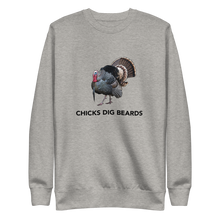  Mens pullover sweatshirt in grey with the logo Chicks Dig Beards and a drawing of a long beard gobbler turkey, hunting shirt from River to Ridge Brand