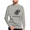 Man with a beard wearing a sweatshirt in grey that says Chicks Dig Beards and has a drawing of a gobbler turkey strutting with a long beard. from the brand River to Ridge