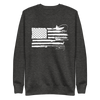 Sportsmans Flag pullover sweatshirt from River to Ridge Clothing Brand, white graphic with a USA flag and the stripes are kayak fishing, bass fishing, antler from an elk, shed hunting, goose hunting, fly fishing