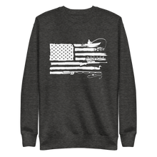  Sportsmans Flag pullover sweatshirt from River to Ridge Clothing Brand, white graphic with a USA flag and the stripes are kayak fishing, bass fishing, antler from an elk, shed hunting, goose hunting, fly fishing