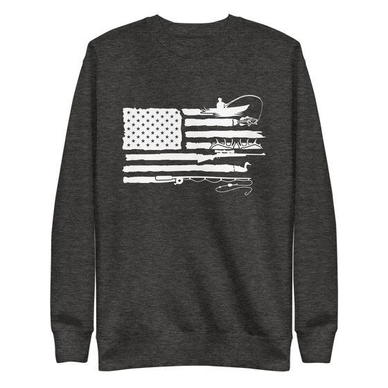 Sportsmans Flag pullover sweatshirt from River to Ridge Clothing Brand, white graphic with a USA flag and the stripes are kayak fishing, bass fishing, antler from an elk, shed hunting, goose hunting, fly fishing