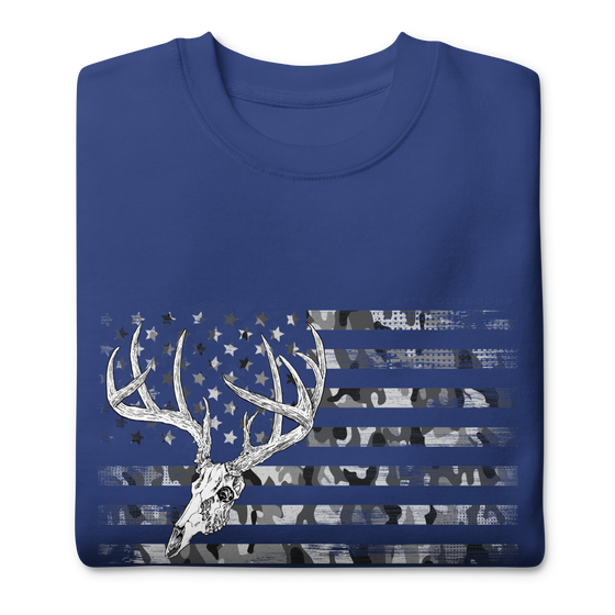 Whitetail Deer Flag pullover sweatshirt from River to Ridge Clothing brand. Features a skull and antlers of a deer over the USA flag, patriotic in blue