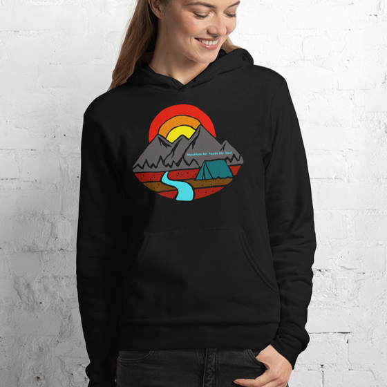 woman looking down wearing a black hoodie with a camping tent and mountains and a river and sunrise that says mountain air feeds my soul, river to ridge