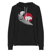  Unisex Hoodie from River to Ridge Clothing Brand featuring a Mountain Goat Logo with 2 goats on a ledge / cliff with a red sun behind them. 
