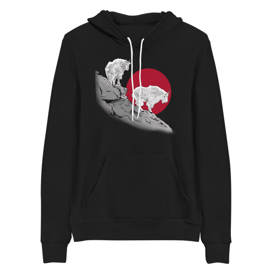 Unisex Hoodie from River to Ridge Clothing Brand featuring a Mountain Goat Logo with 2 goats on a ledge / cliff with a red sun behind them. 