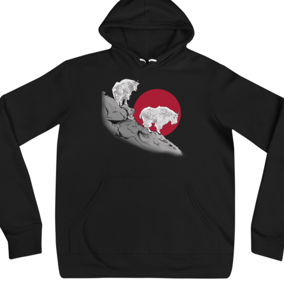 Unisex Hoodie from River to Ridge Clothing Brand featuring a Mountain Goat Logo with 2 goats on a ledge / cliff with a red sun behind them.