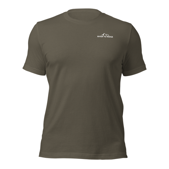 River to Ridge, Men's 2 Sided Logo T: Black or Army