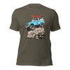 Mens offroad classic T shirt in army green, with a graphic of a bronco in blue doing a rock crawl with a kayak on top. From the Brand River to Ridge