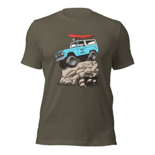  Mens offroad classic T shirt in army green, with a graphic of a bronco in blue doing a rock crawl with a kayak on top. From the Brand River to Ridge