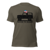 Mens River to Ridge Outdoor Lifestyle Brand T shirt in olive army green with a black bronco vintage truck on it and an american USA flag out the window.