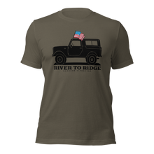  Mens River to Ridge Outdoor Lifestyle Brand T shirt in olive army green with a black bronco vintage truck on it and an american USA flag out the window.