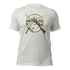Mens Hunting and Fishing Logo shirt with a rifle and a fishing rod crossed over a river scene from the Brand River to Ridge Clothing - shirt in ash white