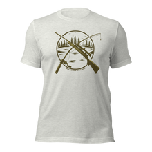  Mens Hunting and Fishing Logo shirt with a rifle and a fishing rod crossed over a river scene from the Brand River to Ridge Clothing - shirt in ash white