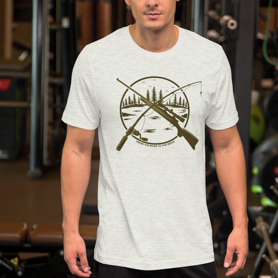 Mens Hunting and Fishing Logo shirt with a rifle and a fishing rod crossed over a river scene from the Brand River to Ridge Clothing