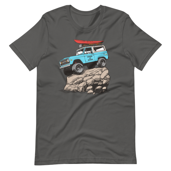 Womens offroading classic t shirt in grey from River to Ridge Clothing brand featuring a bronco truck with big tires up on a rock with a red kayak on top