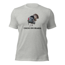 Mens funny shirt that says Chicks Dig Beards with a long beard gobbler turkey on it strutting, drawing and shirt in grey