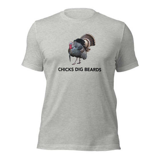 Mens funny shirt that says Chicks Dig Beards with a long beard gobbler turkey on it strutting, drawing and shirt in grey