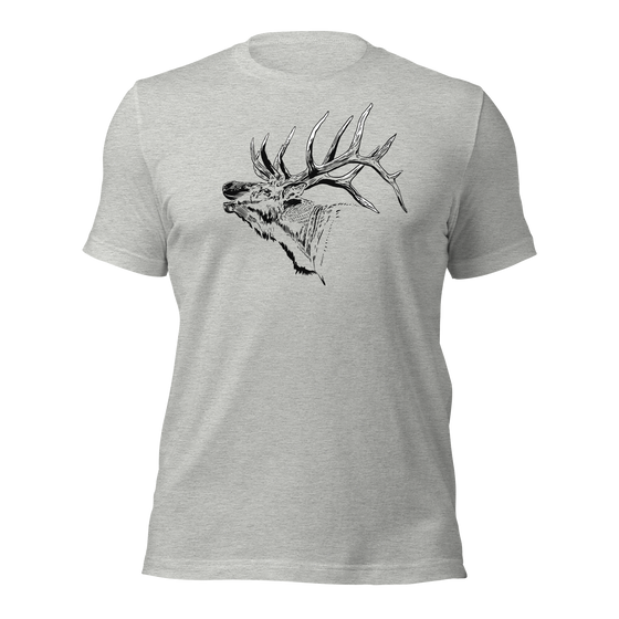 Elk Logo T shirt for men from River to Ridge Brand with a large antlered elk bugling on a grey T shirt