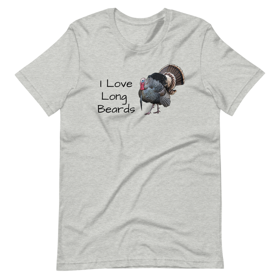 Womens T shirt with I love long beard on it and a drawing of a turkey gobbler, from River to Ridge Brand, hunting