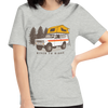 Womens offroad t from River to Ridge Clothing Brand featuring a vintage scout truck with a tent on top camping in the forest in grey
