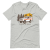 Womens offroad t from River to Ridge Clothing Brand featuring a vintage scout truck with a tent on top camping in the forest in grey
