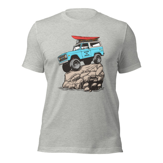 Mens offroad classic T shirt in grey, with a graphic of a bronco in blue doing a rock crawl with a kayak on top. From the Brand River to Ridge