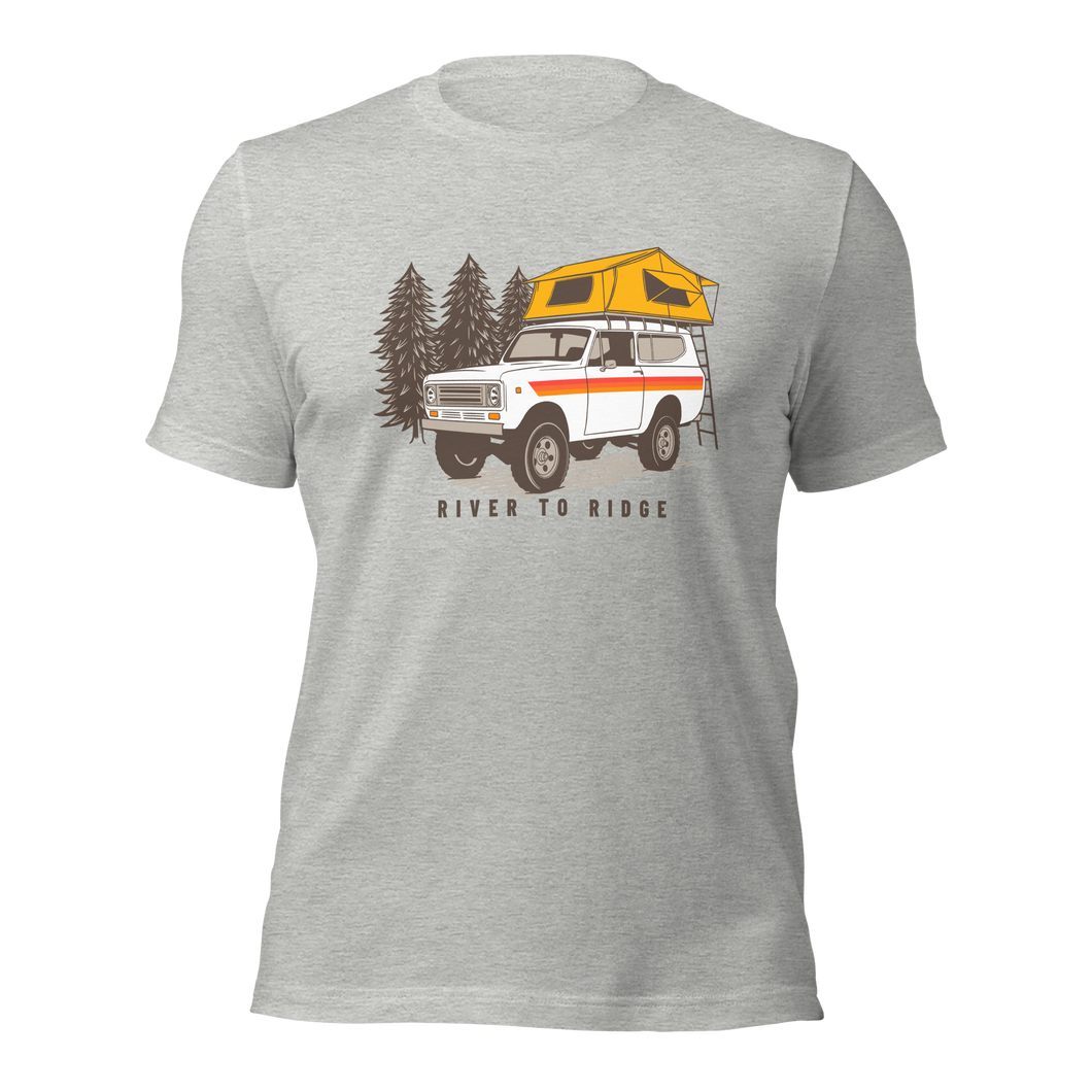  Mens offroad camping classic truck t shirt with a scout vintage truck on it with a camping tent on top from the Brand River to Ridge