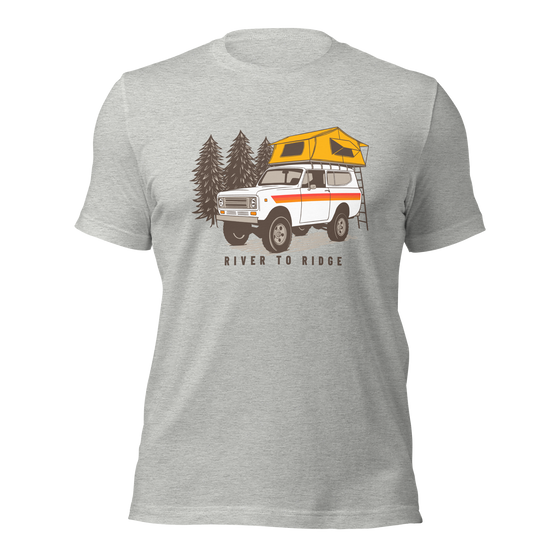 Mens offroad camping classic truck t shirt with a scout vintage truck on it with a camping tent on top from the Brand River to Ridge