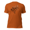 Mens Elk Logo T shirt in orange autumn and the large elk with antlers is bugling. From River to Ridge Brand