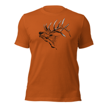  Mens Elk Logo T shirt in orange autumn and the large elk with antlers is bugling. From River to Ridge Brand